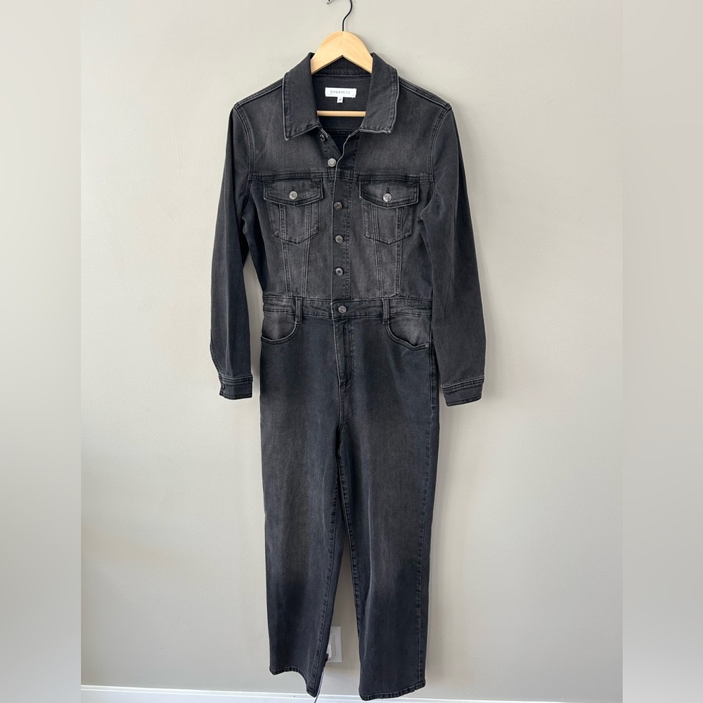 DYNAMITE Distressed Black Denim Long Sleeve Western Chic Straight Leg Jumpsuit - Picture 4 of 8